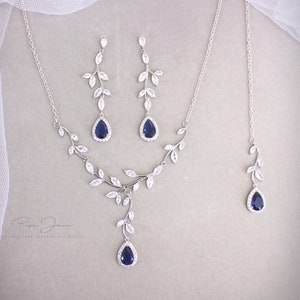 Leaf Bridal Jewelry Set Sapphire Blue Wedding backdrop necklace earrings Rose Gold Navy Blue Vine Wedding Jewelry Cubic Zirconia Eva