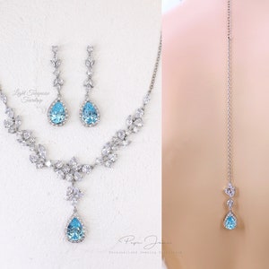 Conjunto de colar de casamento com fundo de cristal turquesa azul-celeste, joias de casamento, joias de noiva, conjunto de colar de madrinha de casamento Mya