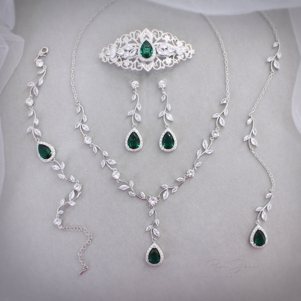 Vine Wedding Necklace earrings set Sapphire Navy Blue Zircon Necklace Backdrop Bridesmaid Gift Bridal Emerald green Earrings Garnet red Eva