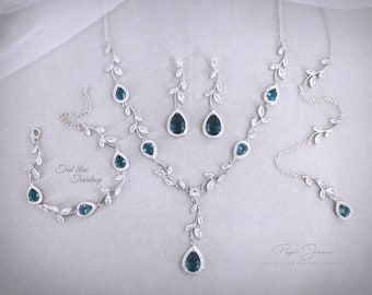 Vine Wedding Necklace earrings set Sapphire Teal Blue Zircon Necklace Backdrop Bridesmaid Gift Bridal Emerald green Earrings Garnet red Eva