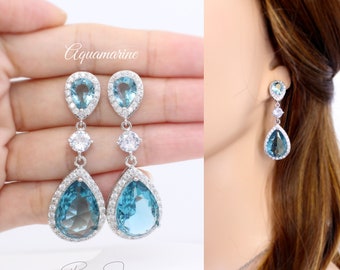 Wedding Earrings Swarovski Light Turquoise Crystal Aquamarine Sapphire Blue Bridesmaid Earrings Navy Bridal Earrings Teardrop Earrings