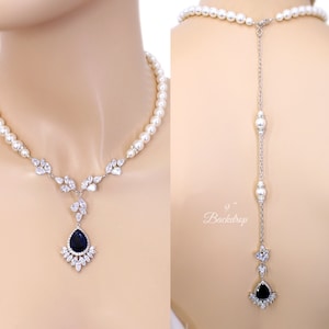 Aquamarine Wedding Necklace earrings Sapphire Navy Blue Zirconia Backdrop Necklace Swarovski Pearl Bridesmaid Gift Bridal Necklace Ece