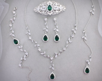 Vine Wedding Necklace earrings set Sapphire Navy Blue Zircon Necklace Backdrop Bridesmaid Gift Bridal Emerald green Earrings Garnet red Eva