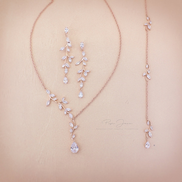 Vine Wedding Necklace set Wedding Earrings Bridal earrings Zircon Backdrop Necklace Wedding Jewelry Rose gold Bridal NecklaceJewelry  Eva