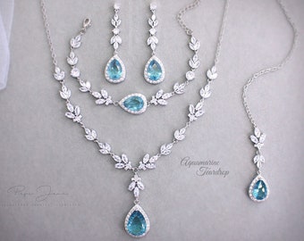 Wedding Bridal backdrop Necklace set Light Turquoise Sapphire Blue Wedding Jewelry set Bride Necklace Bridesmaid Necklace Earrings Gift Ana