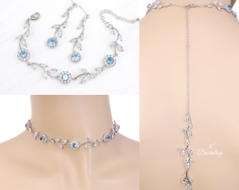 Sky blue Vine Wedding Bridal Choker Necklace Earrings Sapphire Aquamarine Blue Backdrop Necklace Wedding Jewelry set Bridal Necklace Eva