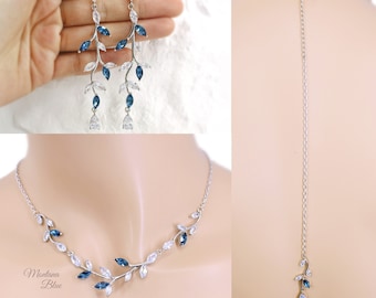 Vine Sapphire Wedding Necklace Earrings set Bridal earrings Zircon Backdrop Bride Necklace Wedding Jewelry Rose gold Bridal Necklace Eva