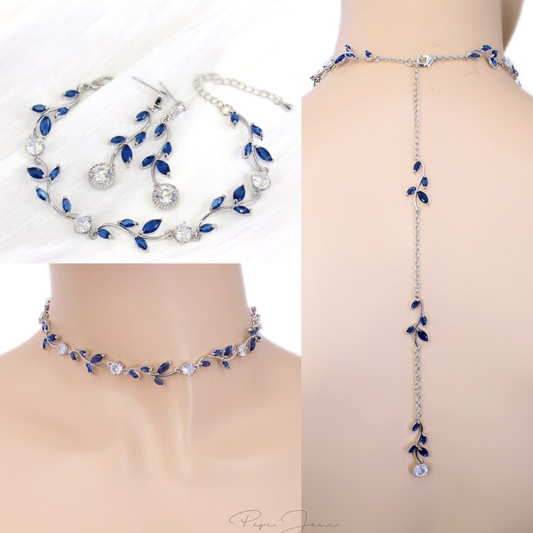 Navy blue Vine Wedding Bridal Choker Necklace Earrings Sapphire Aqua Blue Backdrop Necklace Leaves Wedding Jewelry set Bridal earrings Eva