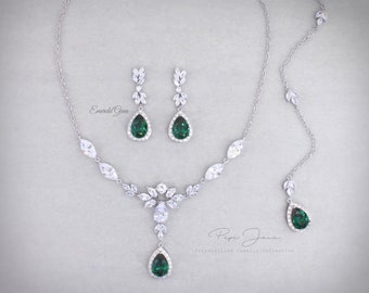 Wedding Necklace set Swarovski Light Turquoise Crystal Zirconia Backdrop necklace set Emerald Green Bridal Jewelry Bridal Necklace set Adi