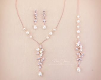 Vine Wedding Necklace Earrings Bridal earrings Backdrop Necklace Swarovski Pearl Rose gold Bridesmaid Gift For her Bridal Necklace Eva