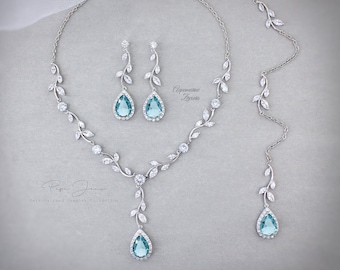 Vine Wedding Necklace Earrings Bridal earrings Sapphire Aquamarine Blue Backdrop Necklace Wedding Jewelry set Bridal Navy Necklace Eva