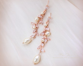 Vine Wedding Earrings rose gold Bridal earrings Zirconia Swarovski teardrop Pearl leaf Bridal bridesmaid Gift Jewelry Bridal Necklace Eva