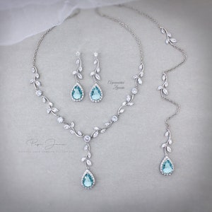 Vine Hochzeit Halskette Ohrringe Braut Ohrringe Sapphire Aquamarine Blau Backdrop Halskette Hochzeit Schmuck-Set Braut Navy Halskette Eva