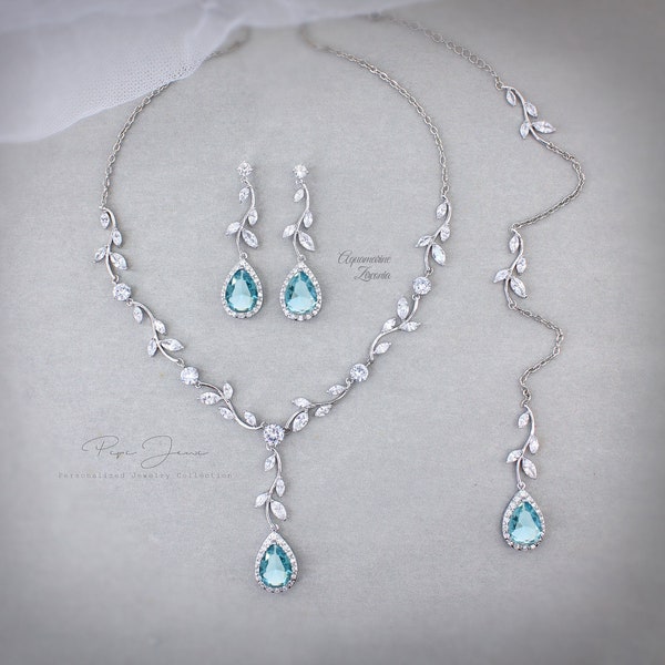 Vine Wedding Necklace Earrings Bridal earrings Sapphire Aquamarine Blue Backdrop Necklace Wedding Jewelry set Bridal Navy Necklace Eva