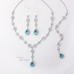 Wedding Necklace set Wedding Bridal earrings set Zirconia Swarovski Light Turquoise Crystal Bridal Backdrop Necklace Wedding Jewelry set Rei