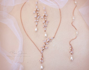 Vine Wedding Necklace Earrings set Bridal earrings Zircon Backdrop Necklace Swarovski Pearl Rose gold Bridal Jewelry Bridal Necklace set Eva