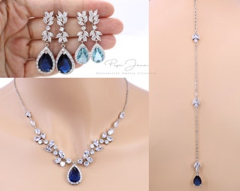 Sapphire blue Wedding Necklace Earrings Set Bridal Zirconia Backdrop Necklace Earrings Wedding Jewelry set Bridal Jewelry Crystal Mya