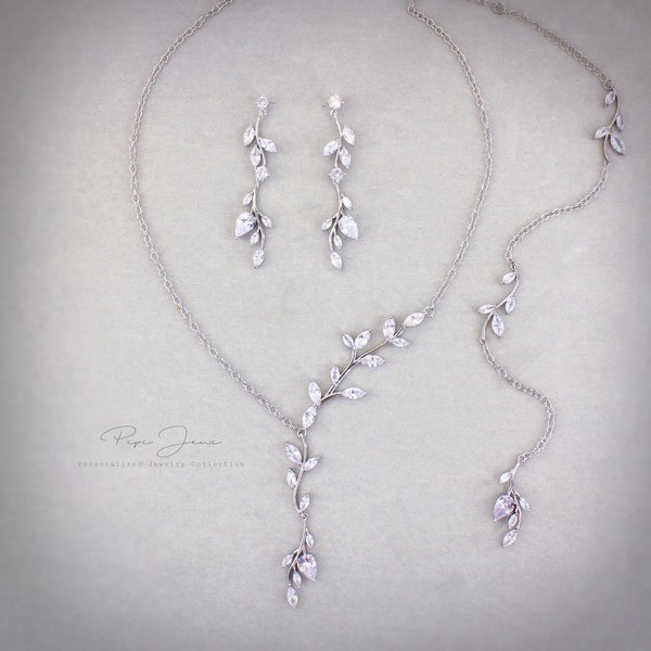 Collier de mariage vigne feuille toile de fond collier Zircon collier bijoux de mariée mariée cristal collier demoiselle d'honneur collier boucles d'oreilles cadeau Eva