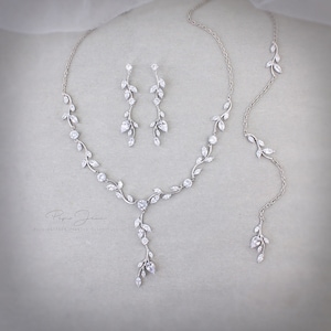 Vine Wedding Necklace leaf Backdrop necklace Zircon Necklace Bridal Jewelry Bridal crystal Necklace Bridesmaid Necklace Earrings Gift Eva