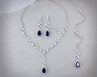 Vine Wedding Necklace earrings set Sapphire Navy Blue Zircon Necklace Backdrop BrideGift Bridal Bridesmaid Earrings Swarovski Pearl Eva