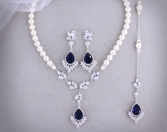 Wedding Necklace set Earrings Bridal earrings set Sapphire Navy Blue Backdrop Necklace Swarovski Pearl Bridesmaid Bridal Necklace set Ece