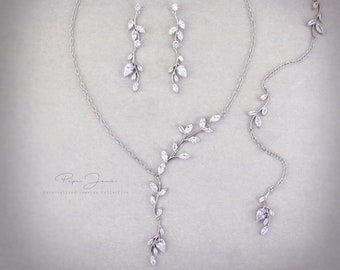 Vine Wedding Necklace: Zircon Leaf Backdrop, Earrings, Bracelet, Bridal Jewelry, Eva