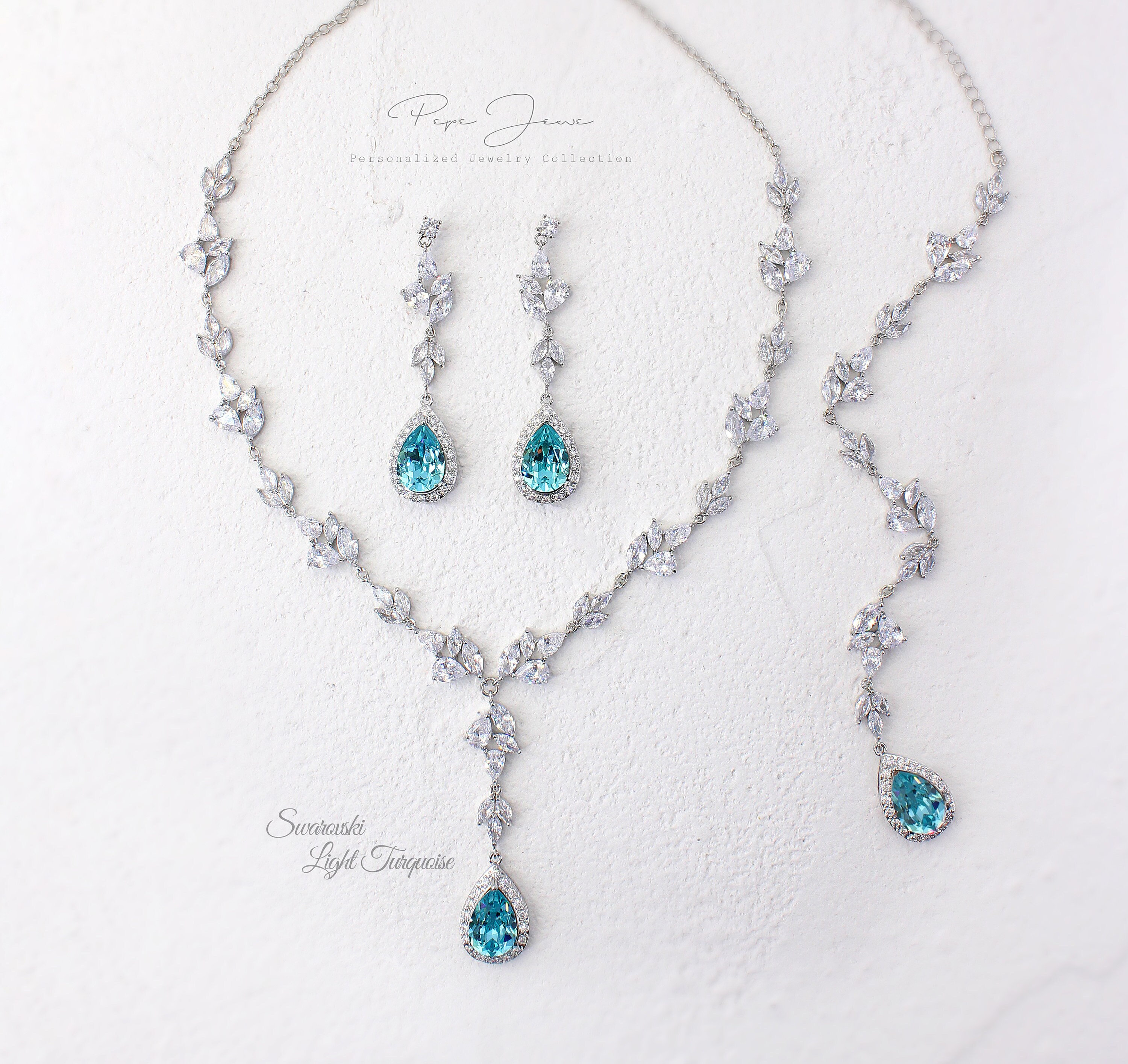 Wedding Necklace set Wedding Bridal earrings set Zirconia Swarovski Light Turquoise Crystal Bridal Backdrop Necklace Wedding Jewelry set Rei