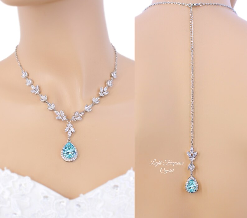 Wedding Bridal backdrop Necklace set Light Turquoise Sapphire Blue Wedding Jewelry set Bride Necklace Bridesmaid Necklace Earrings Gift Ana Necklace w/Backdrop