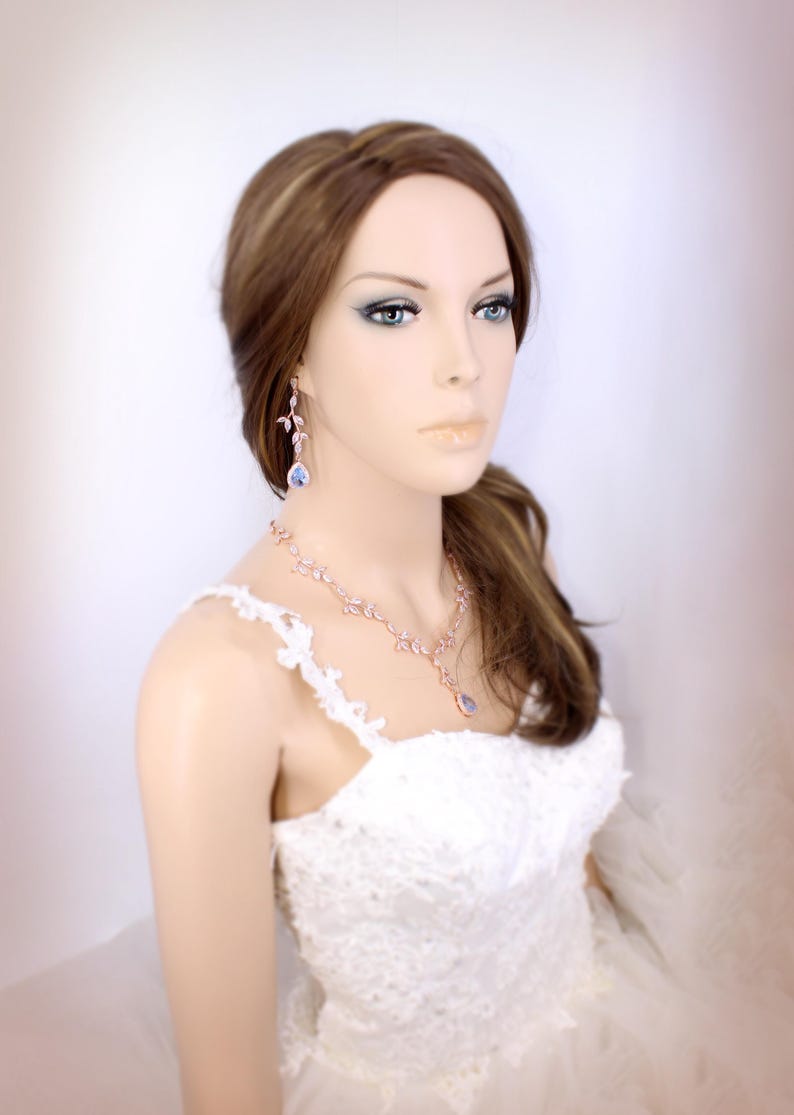 Sapphire Blue Leaf Zirconia Bridal Jewelry: Teardrop Vine Necklace, Earrings, Backdrop, Bracelet, Eva image 13