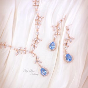 Sapphire Blue Leaf Zirconia Bridal Jewelry: Teardrop Vine Necklace, Earrings, Backdrop, Bracelet, Eva N/lace No Back + Ers