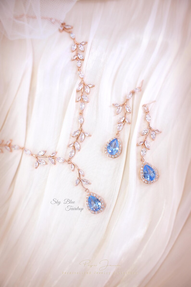 Sapphire Blue Leaf Zirconia Bridal Jewelry: Teardrop Vine Necklace, Earrings, Backdrop, Bracelet, Eva N/lace No Back + Ers
