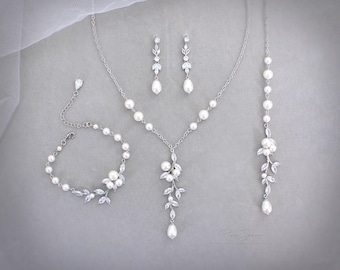 Bridal Pearl Necklace, Earrings, Bracelet, Zircon Vine, Rose Gold Jewelry Wedding, Eva