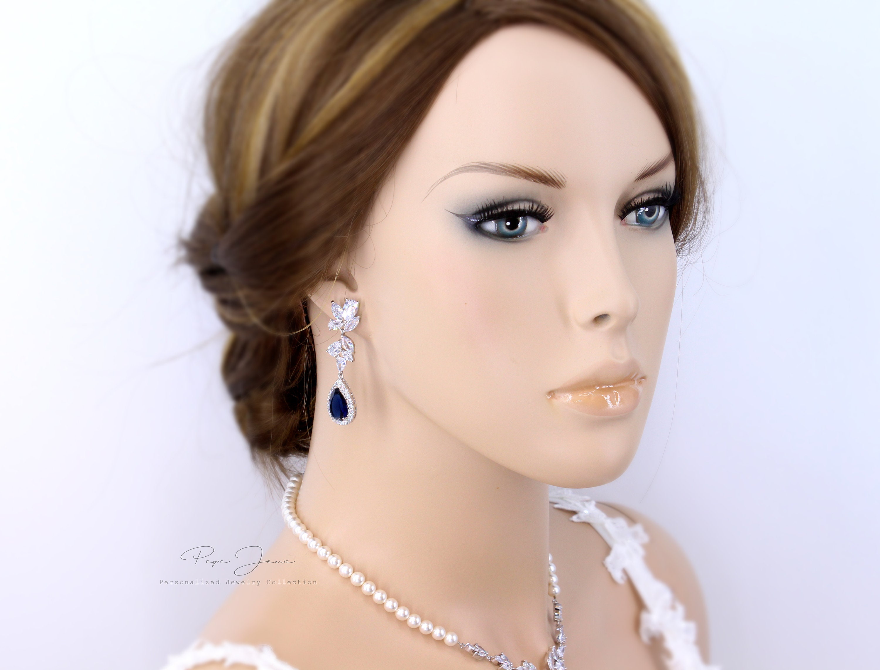 Wedding Earrings Navy Zirconia Earrings Crystal Bridal Etsy