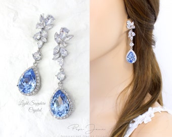 Swarovski Light Turquoise Sapphire Blue Bridal leaf Chandelier earrings Dusty blue earrings Bright blue chandelier earrings bridesmaids Rei