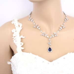 Sapphire Blue Leaf Zirconia Bridal Jewelry: Teardrop Vine Necklace, Earrings, Backdrop, Bracelet, Eva image 7