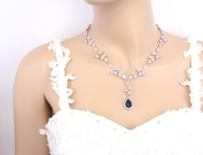 Sapphire Blue Leaf Zirconia Bridal Jewelry: Teardrop Vine Necklace, Earrings, Backdrop, Bracelet, Eva image 7