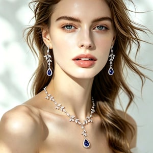 Sapphire Blue Leaf Zirconia Bridal Jewelry: Teardrop Vine Necklace, Earrings, Backdrop, Bracelet, Eva image 2