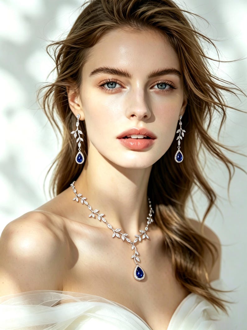 Sapphire Blue Leaf Zirconia Bridal Jewelry: Teardrop Vine Necklace, Earrings, Backdrop, Bracelet, Eva image 2