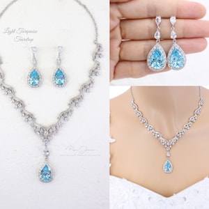 Wedding Necklace set Sky Blue Sapphire Blue Aquamarine Zirconia Backdrop Necklace Earrings Bridal Necklace Bridesmaid necklace Gift Perl