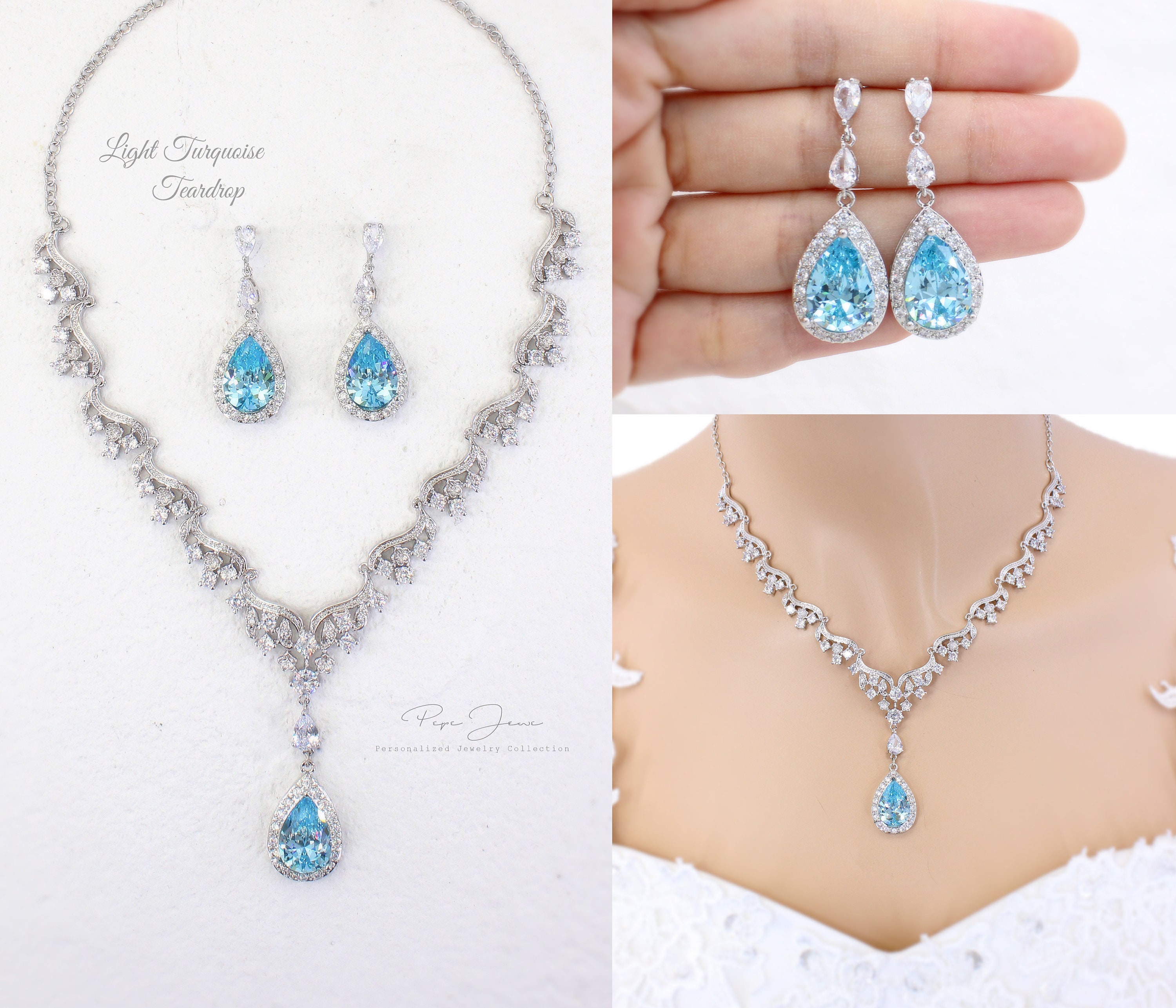 PepeJewe Wedding Necklace Set Sky Blue Sapphire Blue Aquamarine Zirconia Backdrop Necklace Earrings Bridal Necklace Bridesmaid Necklace Gift Perl