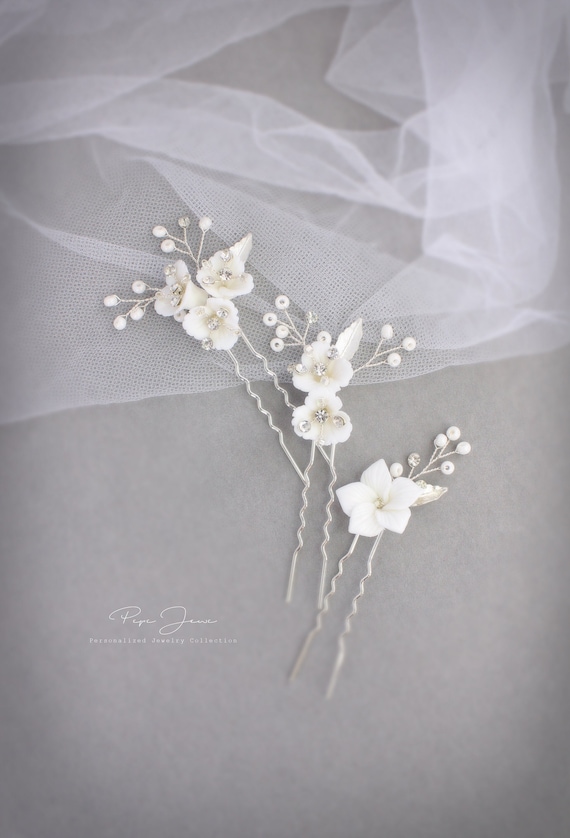 Silver and White Floral Hair Accessory with Crystal Accents Silver Flower Wedding Hair Pin, Crystal Rhinestone Bridal  main image 3