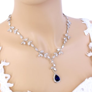 Sapphire Blue Leaf Zirconia Bridal Jewelry: Teardrop Vine Necklace, Earrings, Backdrop, Bracelet, Eva Necklace No Back