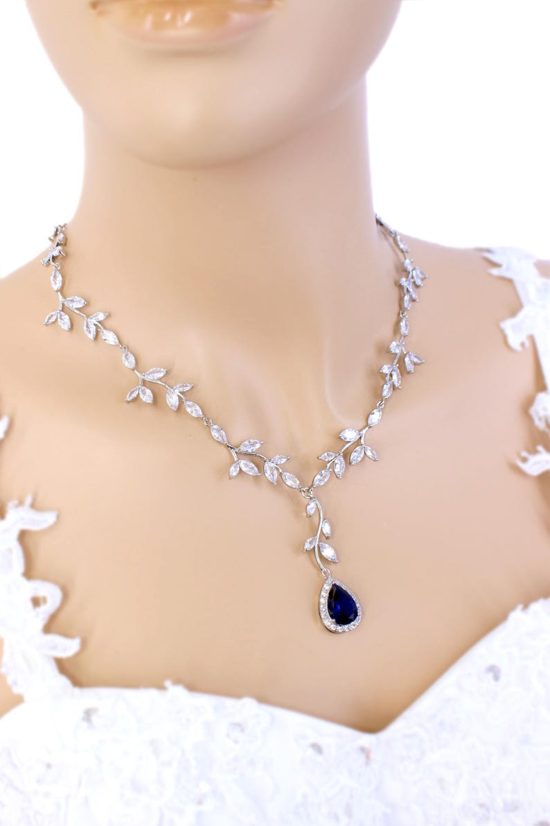 Sapphire Blue Leaf Zirconia Bridal Jewelry: Teardrop Vine Necklace, Earrings, Backdrop, Bracelet, Eva Necklace No Back