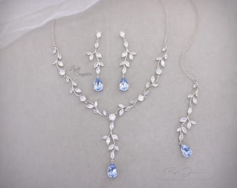 Joyas nupciales de zafiro claro: collar de vid, pendientes, pulsera, telón de fondo, peineta, boda, Eva