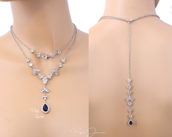 Bruiloft gelaagde ketting set bruiloft bruids oorbellen Zirconia choker ketting marineblauwe bruidssieraden Lariat achtergrond ketting set Rei