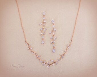 Rose Gold Vine Bridal Necklace, Earrings, Bracelet, Backdrop, Zirconia Wedding Jewelry, Eva