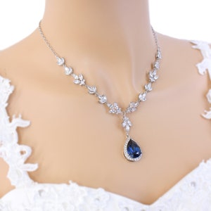 Wedding Bridal backdrop Necklace set Light Turquoise Sapphire Blue Wedding Jewelry set Bride Necklace Bridesmaid Necklace Earrings Gift Ana Necklace with 2"ext.