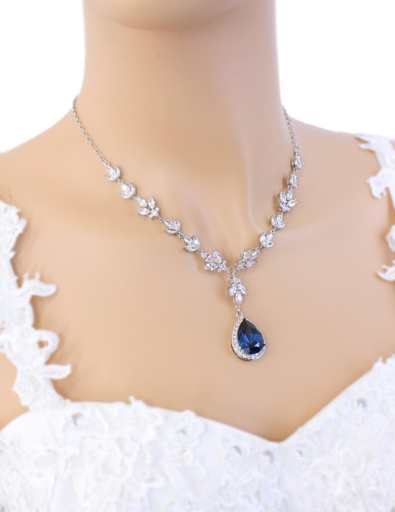 Wedding Bridal backdrop Necklace set Light Turquoise Sapphire Blue Wedding Jewelry set Bride Necklace Bridesmaid Necklace Earrings Gift Ana Necklace with 2"ext.