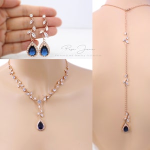 Vine Wedding Necklace earrings set Sapphire Navy Blue Zirconia Rose gold Necklace Backdrop Emerald green Bridal Bridesmaid Earrings Gift Eva