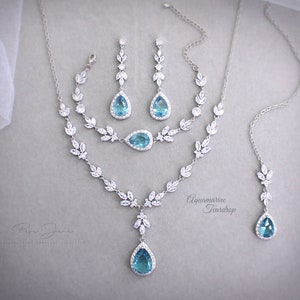 Wedding Bridal backdrop Necklace set Light Turquoise Sapphire Blue Wedding Jewelry set Bride Necklace Bridesmaid Necklace Earrings Gift Ana image 3